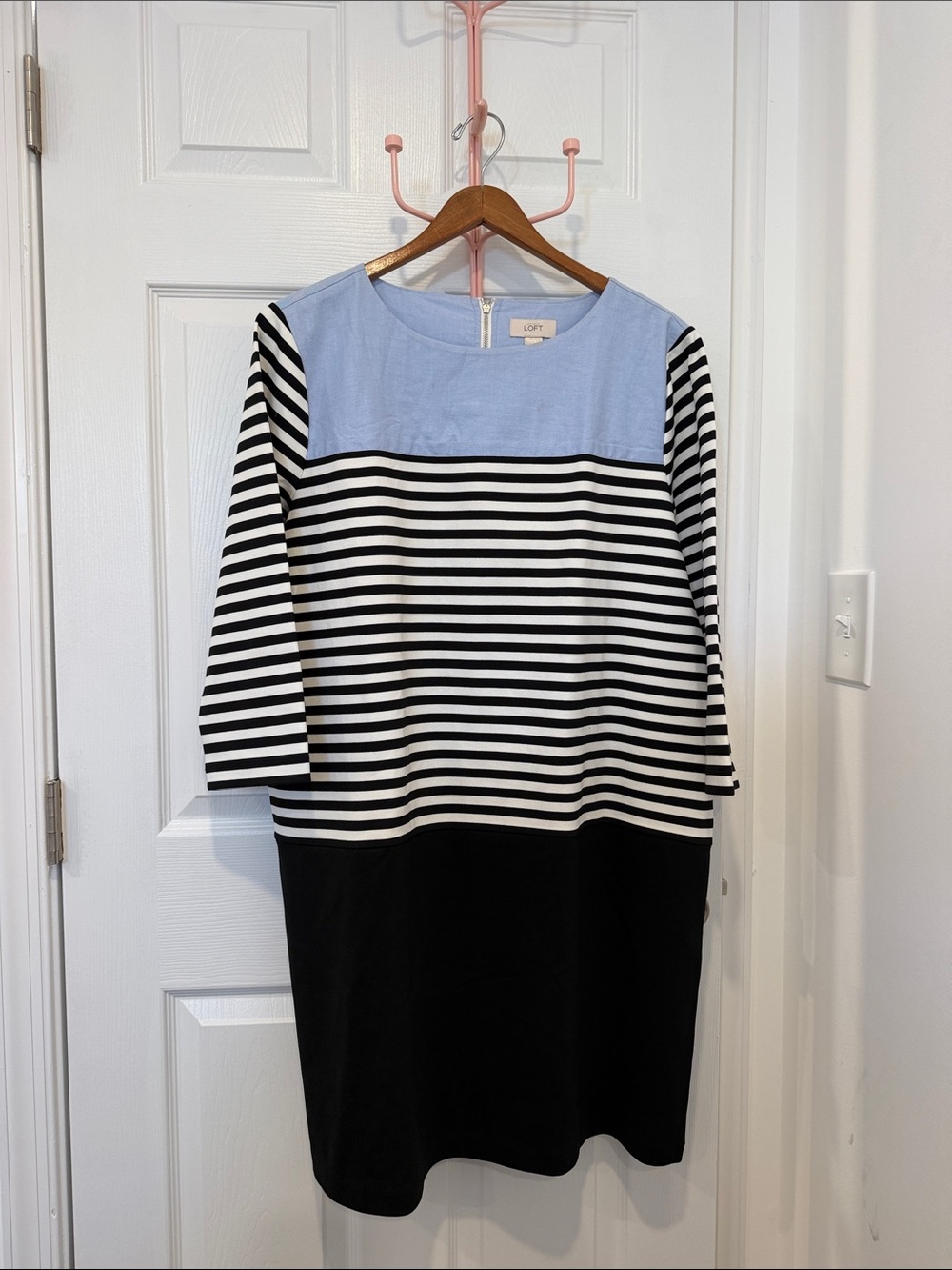 LOFT Nautical Striped Colorblock Shift Dress 3/4 Sleeve Blue Black White Size XL